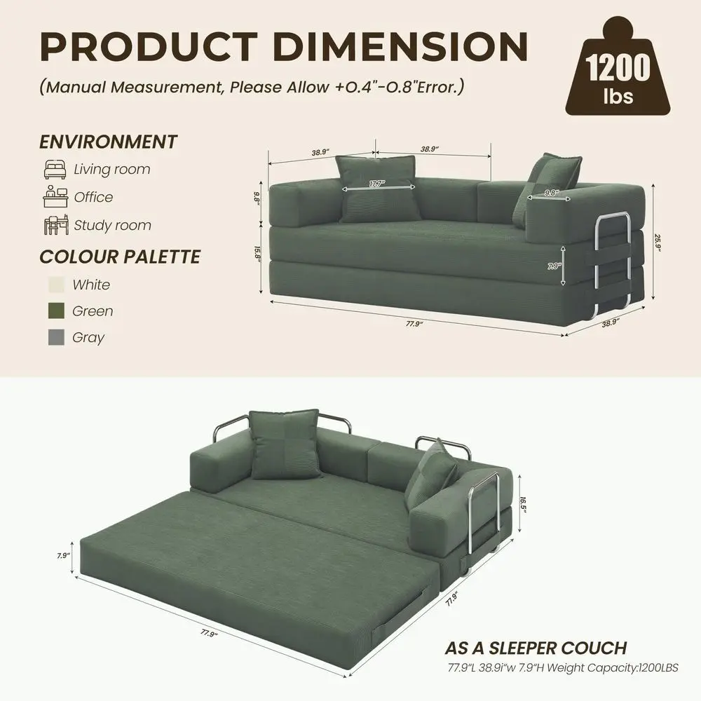 

78 Inch Convertible Sofa Bed, 5in1 Futon Sofa Bed Pull Out Couch, Boneless Couch Bed for Living Room, Corduroy Boneless Couches