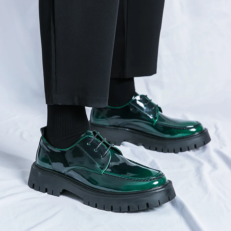 New Big Toe Oxford Shoes Man Thick-soled Wedding Green Formal Business Shoes Patent Leather Lace-up Heightening Casual Shoes