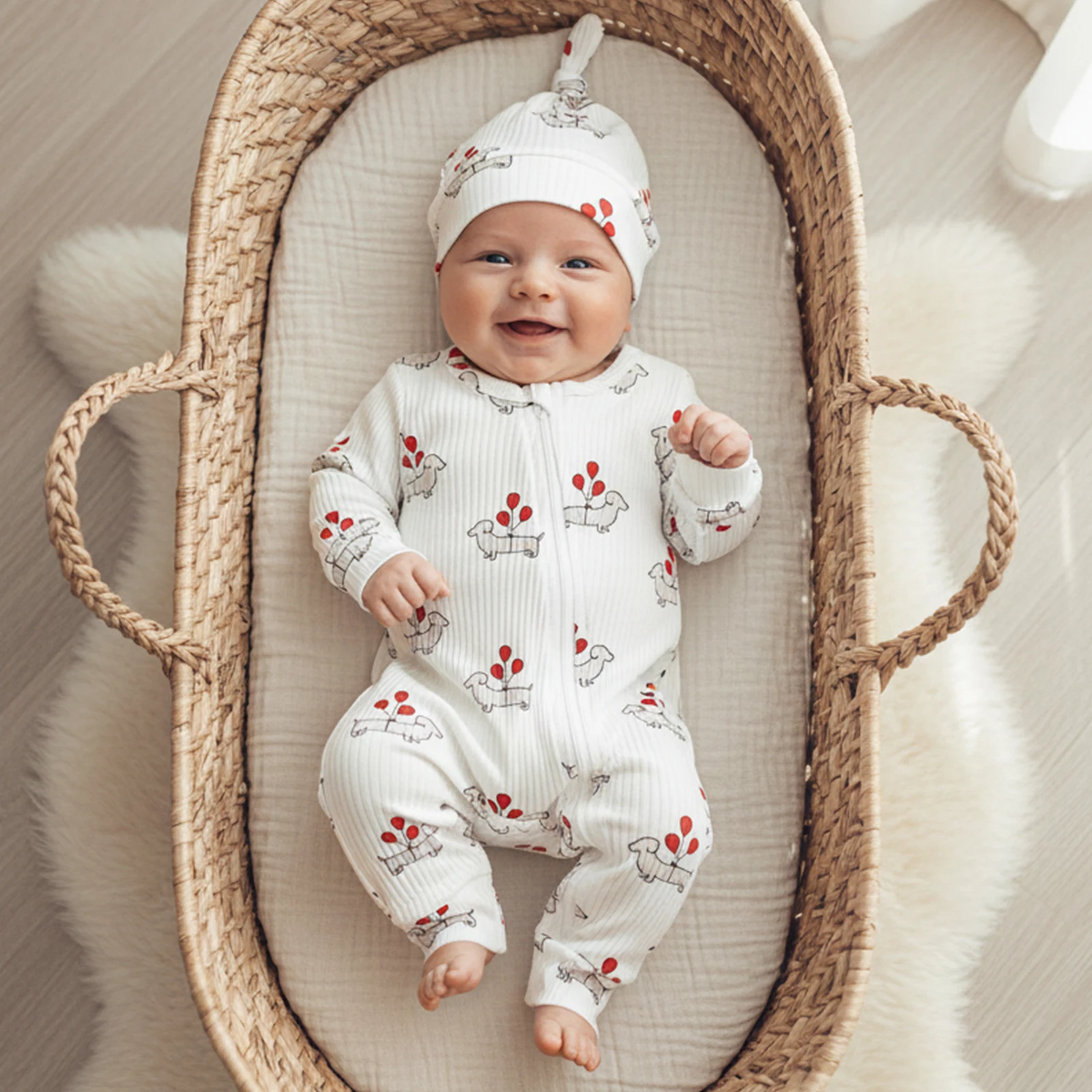 الوليد الطفل الخريف الزي الكلب بالون/منقوشة طويلة الأكمام الرمز البريدي رومبير مع قبعة معقود 2 قطعة مجموعة للرضع بنين بنات