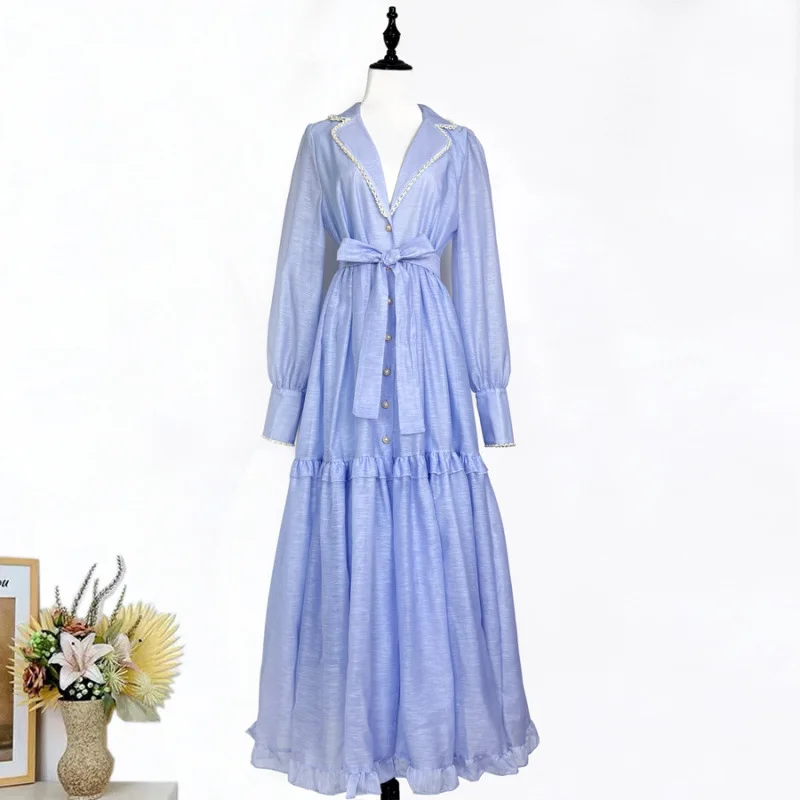 ชุดเดรสยาวสไตล์ฝรั่งเศส คอปกประดับลูกปัดหรูหรา ดีไซน์สวยงามแบบนางฟ้า ผ้ากำมะหยี่ เอวกลาง