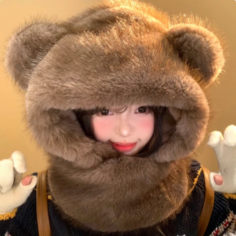 Niche Cute Bear Ear Plush Snood Integrierter Nackenschutz Lei Feng Hut Winter Outdoor Warm Gehörschutz Bomber Hüte für Damen