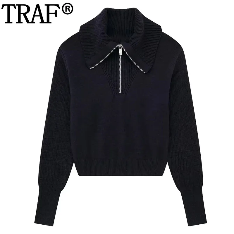 

TRAF 2023 Zip Up Knitted Sweater Women Pulovers Turtleneck Red Cropped Sweaters Autumn Long Sleeve Woman Sweater Knit Jumpers