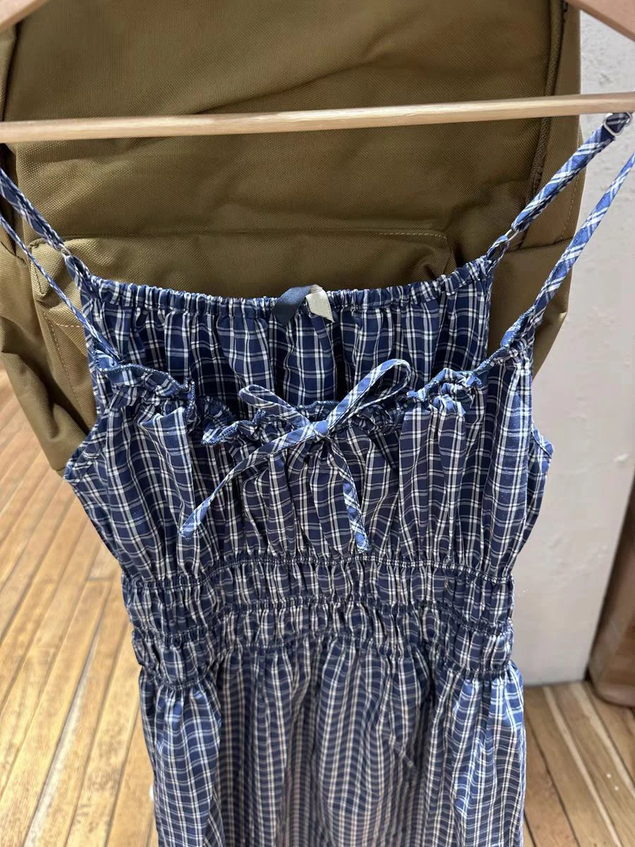 Nuovo Blu Plaid Maxi Vestito Donna Estate Elastico in Vita di Cotone Lace-up Pieghe Senza Maniche Abiti Retro Carino Lungo Camis Abiti Y2k