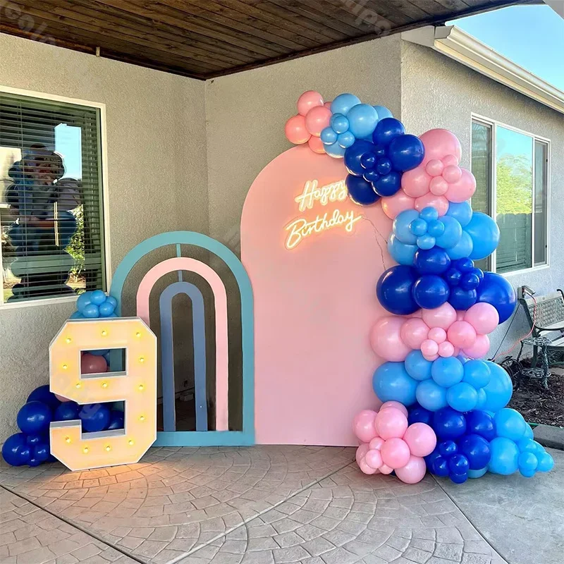 128pcs Festival Party Decoration Supplies Blue and Pink Latex Balloons Arch Set for Birthday Show Valentine's Day or Anniversary