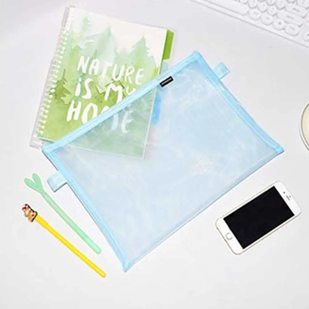 

4pcs A4 Portable Mesh File Zipper Document Bag For Office School Supplies Reusable Stationery Storage Bag Multicolor Set Blue