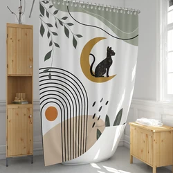 1 pc Bohemian cat pattern polyester material shower curtain waterproof fabric, thickened anti mold partition curtain, bathro