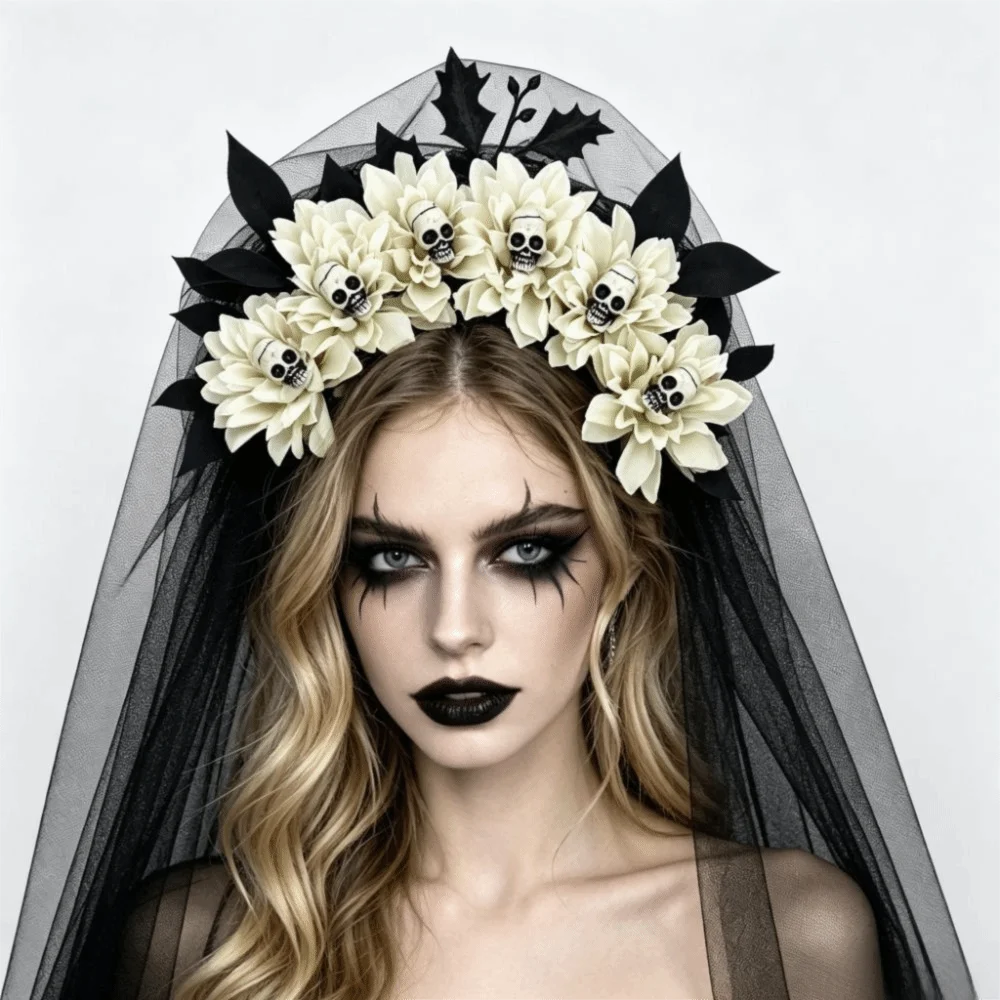 Halloween Zombie Bride Veil Headband Dark Bride Flower Gothic Headpiece Black Tulle Mesh Veil Cosplay Headband Halloween Party