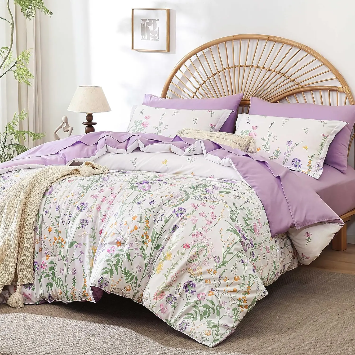 

Комплект постельного белья Queen Size с фиолетовым цветочным узором, 7 предметов, из микрофибры, с простынями, мягкий дизайн с ботаническим мотивом для женщин и девочек