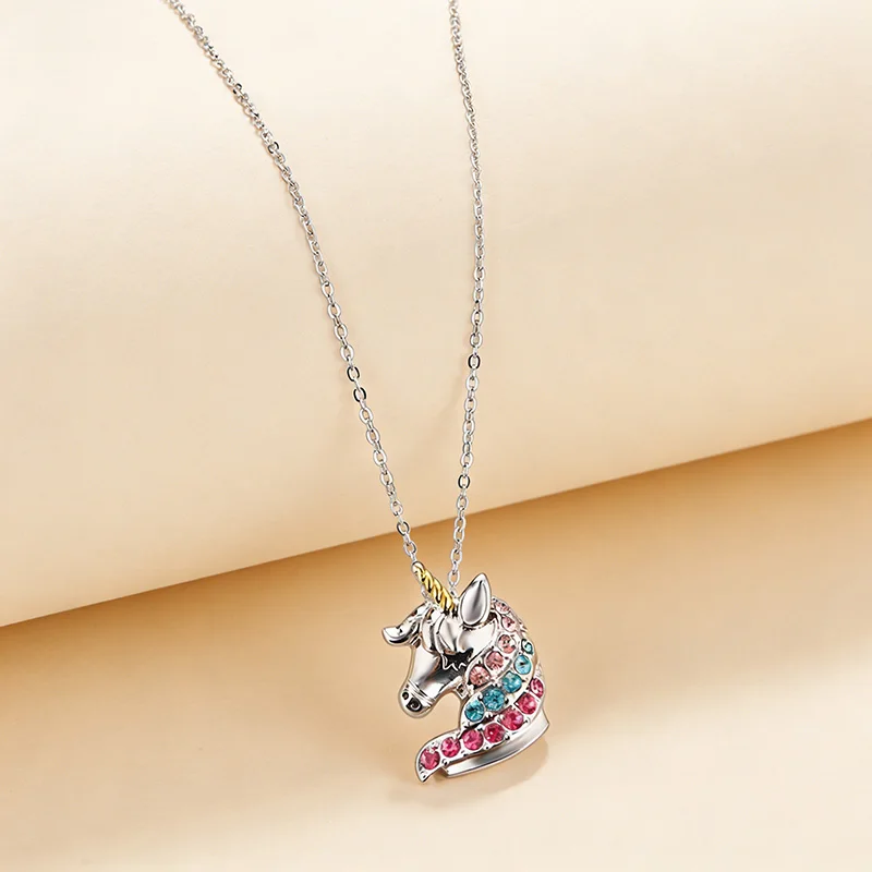 Colored Rhinestone Unicorn Necklace Cartoon Horse Pendant Necklaces For Girls Boys Children Jewelry Gifts