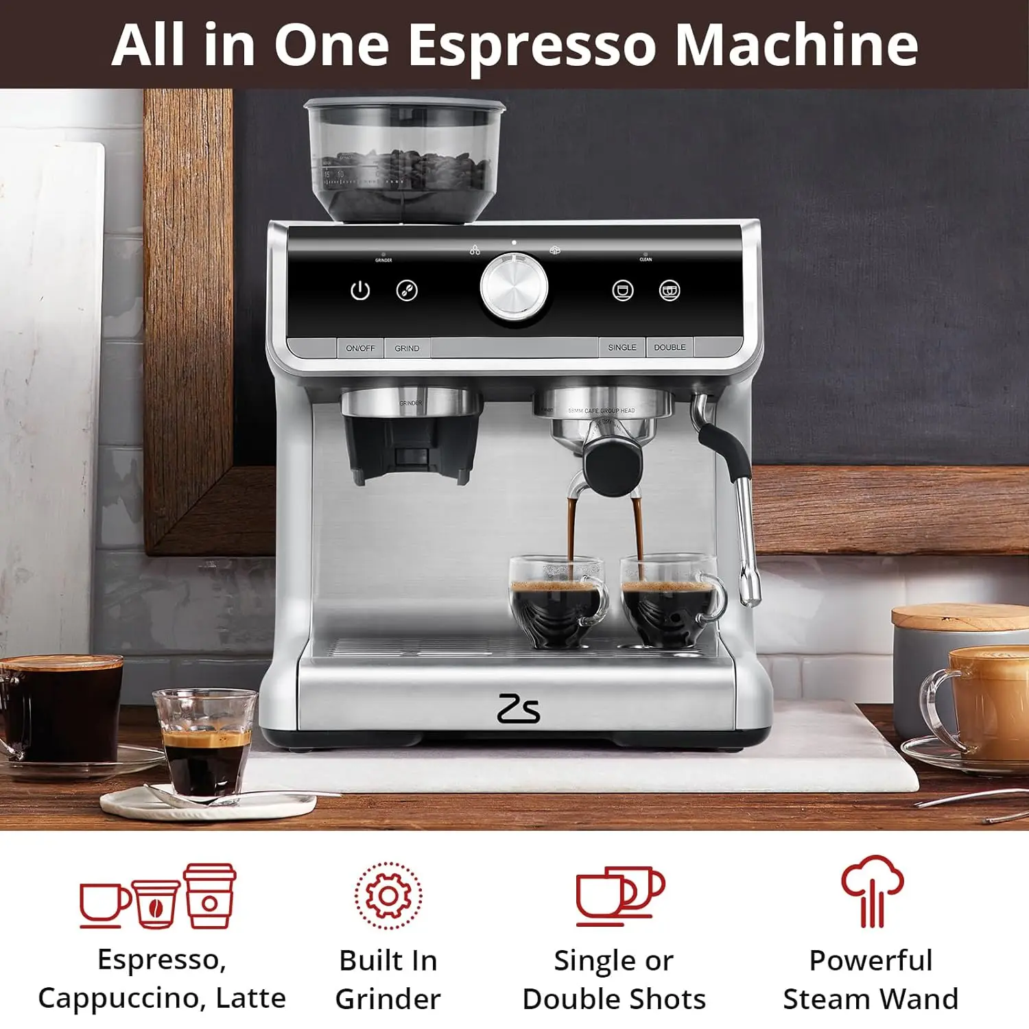 home.Stainless Steel Espresso Maker with Milk Frother - Coffee Machine 20 Bar Pressure, 2.8L Water Tank, Barista Kit, for Latte