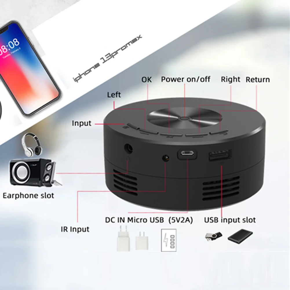 YT200 Small Portable USB Wire Projector LED Mobile Video Projector Outdoor Home theater 3D projectors for IOS Android