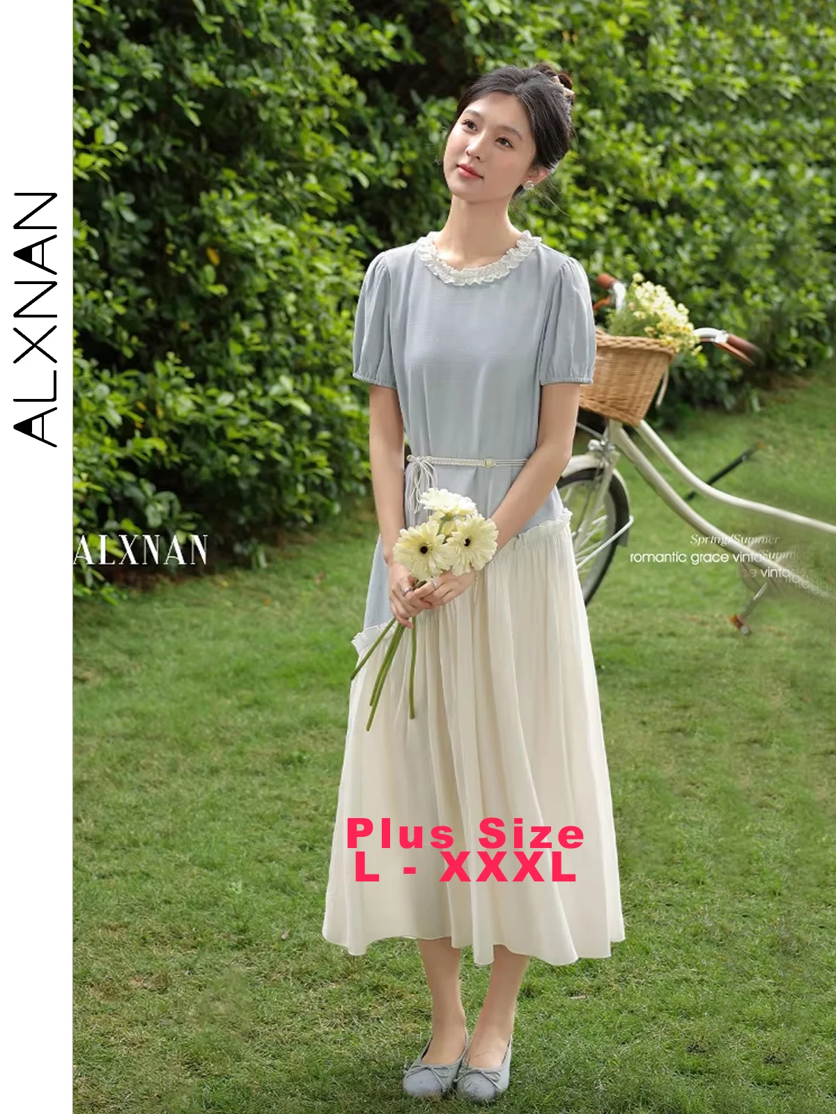 

ALXNAN Plus Size Blue Dress Long Patchwork Lace Collar Puff Sleeves Dresses Women 2025 Elegant A-line Holiday Clothing D10059