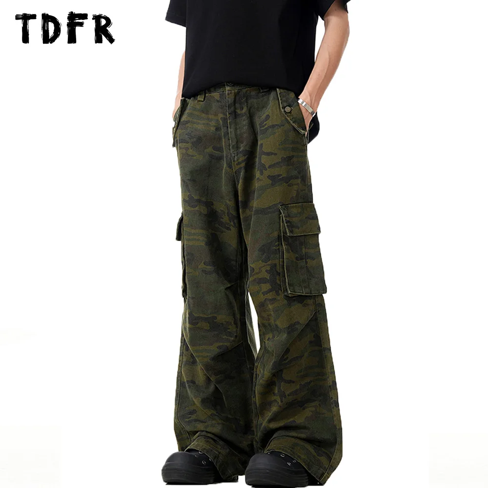 

Camouflage Cargo Pants Mens Pleated Multi-Pocket Safari Style Loose Straight Wide Leg Trousers Men Baggy Pants