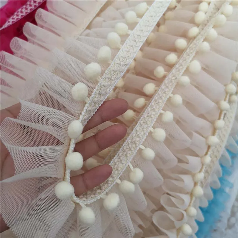 1lot/20Yards Mesh 3D Pleated Lace Collar Trim Embroidered Pompom Fringe Ribbon Dolls Sofa Dress Cloth Crafts Sewing Decor