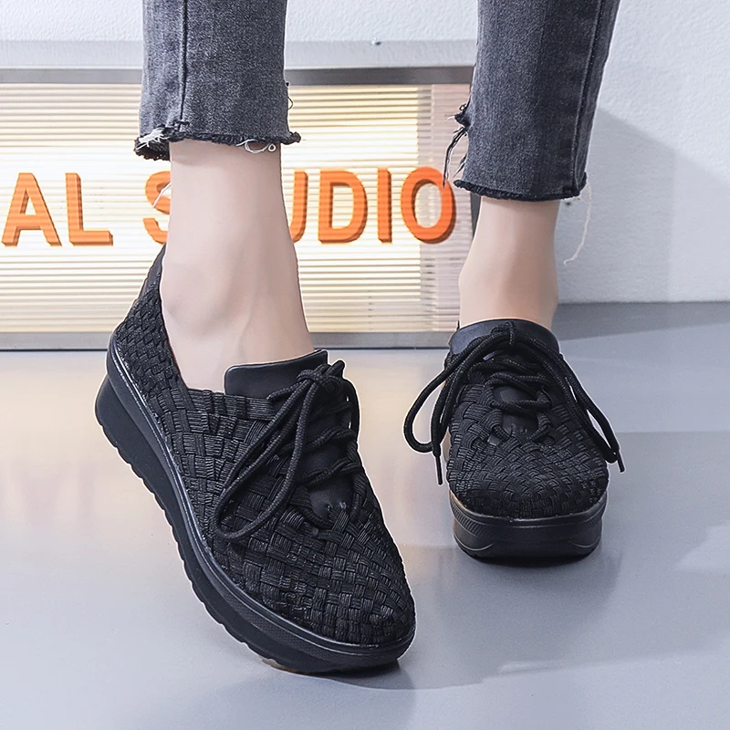 STRONGSHEN Women Platform Handmade Woven Shoes Women Slip on Casual Breathable Shoes Wedge Lace UP Shoes Women Footwear Shoes