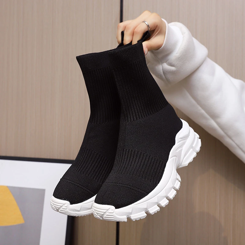 Knit Socks Boots Womens Fashion 2024 Trends New Sports Shoes Platform Chelsea Slip-on Casual Elegant Black Sneaker