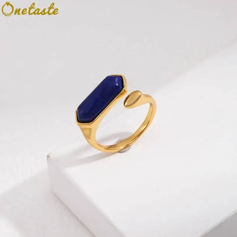 925 Sterling Silver Blue Lapis Lazuli Stone Open Rings Women Trendy Simple Asymmetric End Adjustable Statement Ring Love Gift