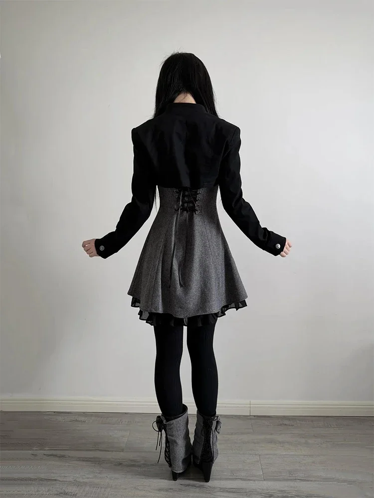Gothic Punk Y2K Stand Collar Dark Aesthetic Double Breasted Twill Women Cropped Jacket Trendy Slim Fit Short Cardigan Tops Coat - view 3