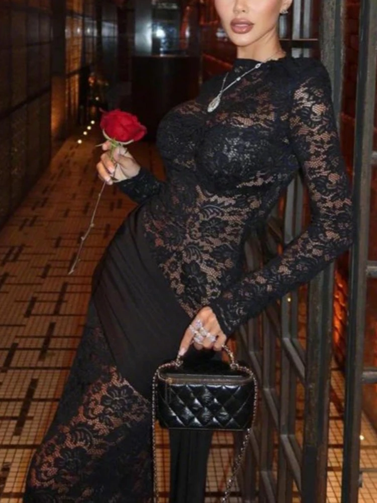 Tossy Sexy robe longue transparente femmes impression à lacets à manches longues mince taille haute robe de soirée femme robe moulante