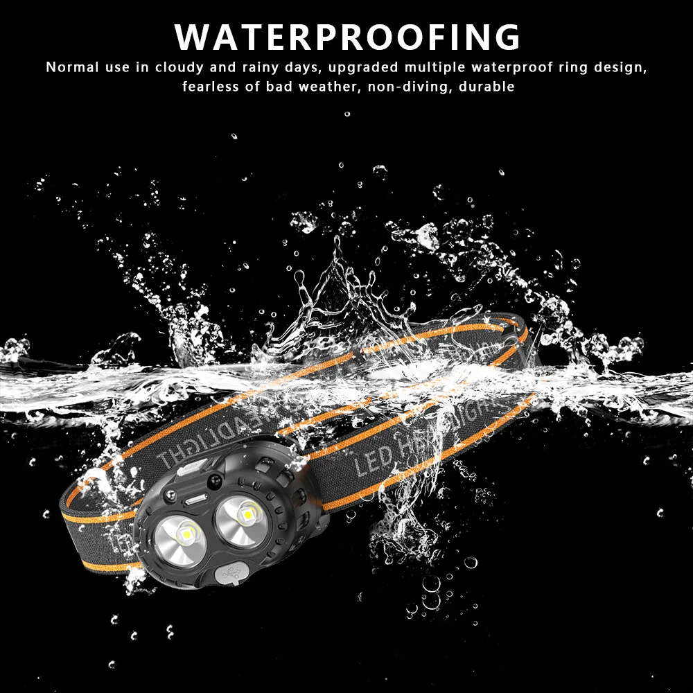 Poderoso LED Sensor Farol, farol de pesca brilhante, USB recarregável cabeça lâmpada com bateria, emergência Camping Lanterna
