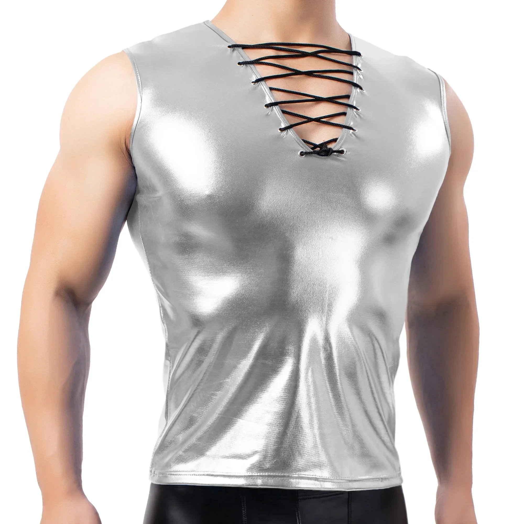 Sexy Men Tank Top Shiny Faux Leather V-neck Lace-up Tank Top Slim Sleeveless Tight Shirts Vest Metallic Nightclub Stage Clubwear