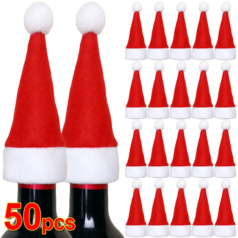 

Мини-шляпы Санта-Клауса для чехлов для бутылок вина, мультяшные леденцы, колпачки, украшение для рождественской елки, держатель для рождественской бутылки, украшение для обеденного стола