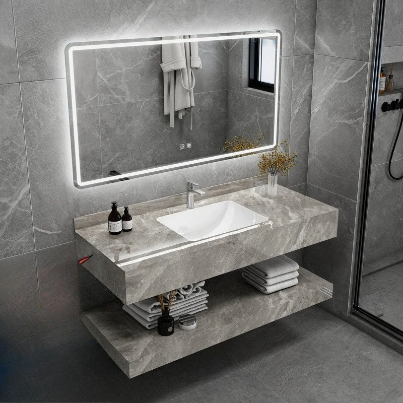 Double-layer Upper And Lower Rock Slabs Seamless Ceramic Basin, Bathroom Cabinet Combination, Wall-mounted Bathroom, Face And Ha