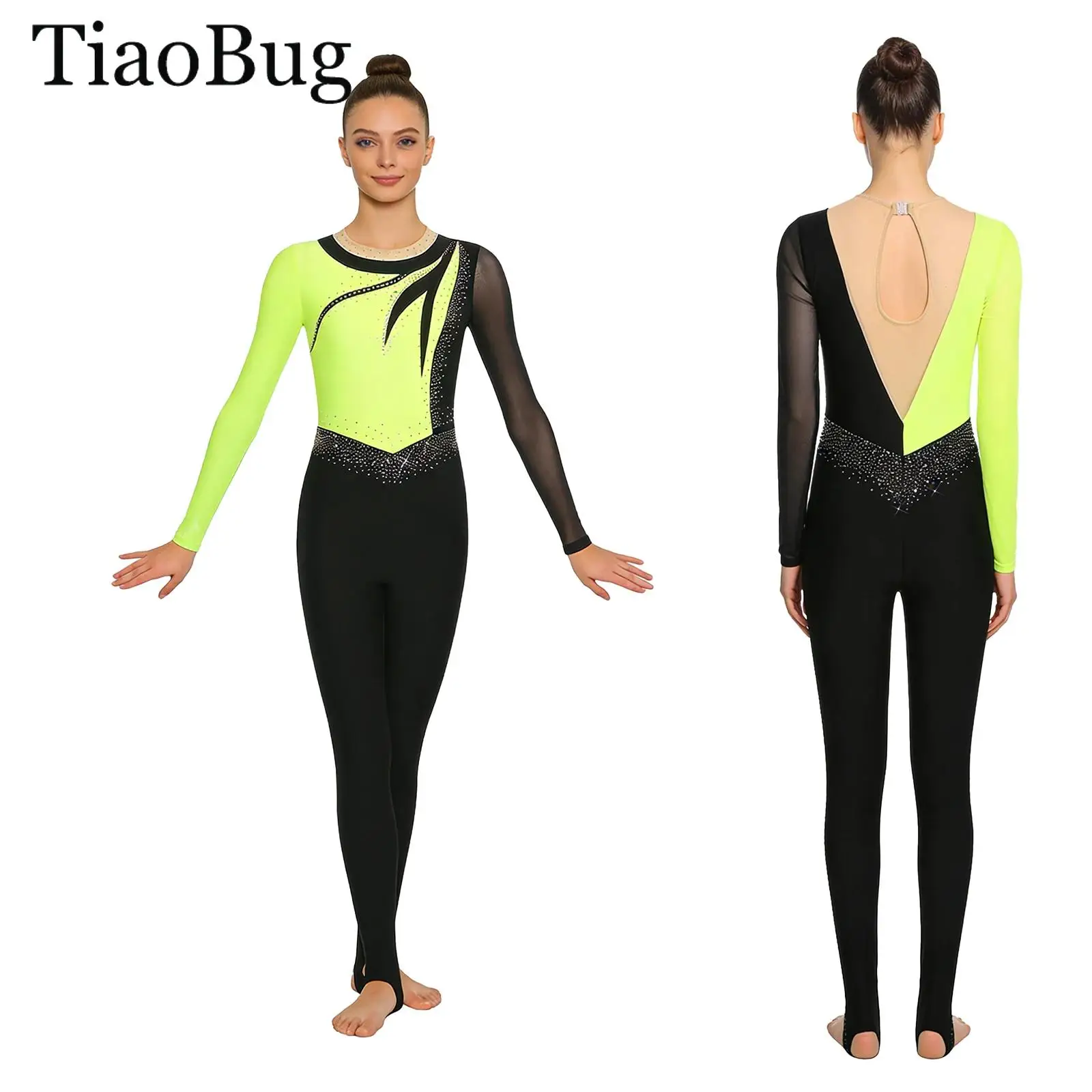 Mono de baile y gimnasia de manga larga para mujer, mono de Ballet con diamantes de imitación, mallas con estribo de malla de Color contrastante, mono de patinaje
