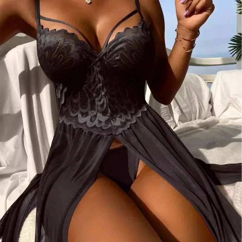 Top Fashion Sexy Lace Mesh Long Dress Nightgown Womens Sleepwear Lingerie Feather Shape Nightdress Spaghetti Strap Sleep Dress