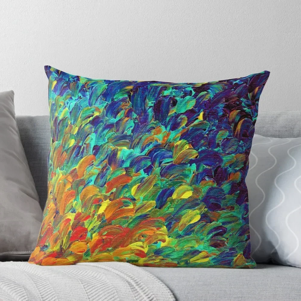 FOLLOW THE CURRENT 1, Bold Colorful Abstract Acrylic Painting Ocean Waves Blue Orange Splash Ombre Fine Art Throw Pillow