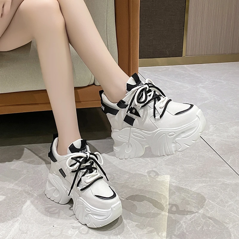 10.5CM Wedge Heels Shoes For Women Leather Casual Shoes White Black High Top Chunky Sneakers Woman Vulcanized Lace Up Mesh Shoes