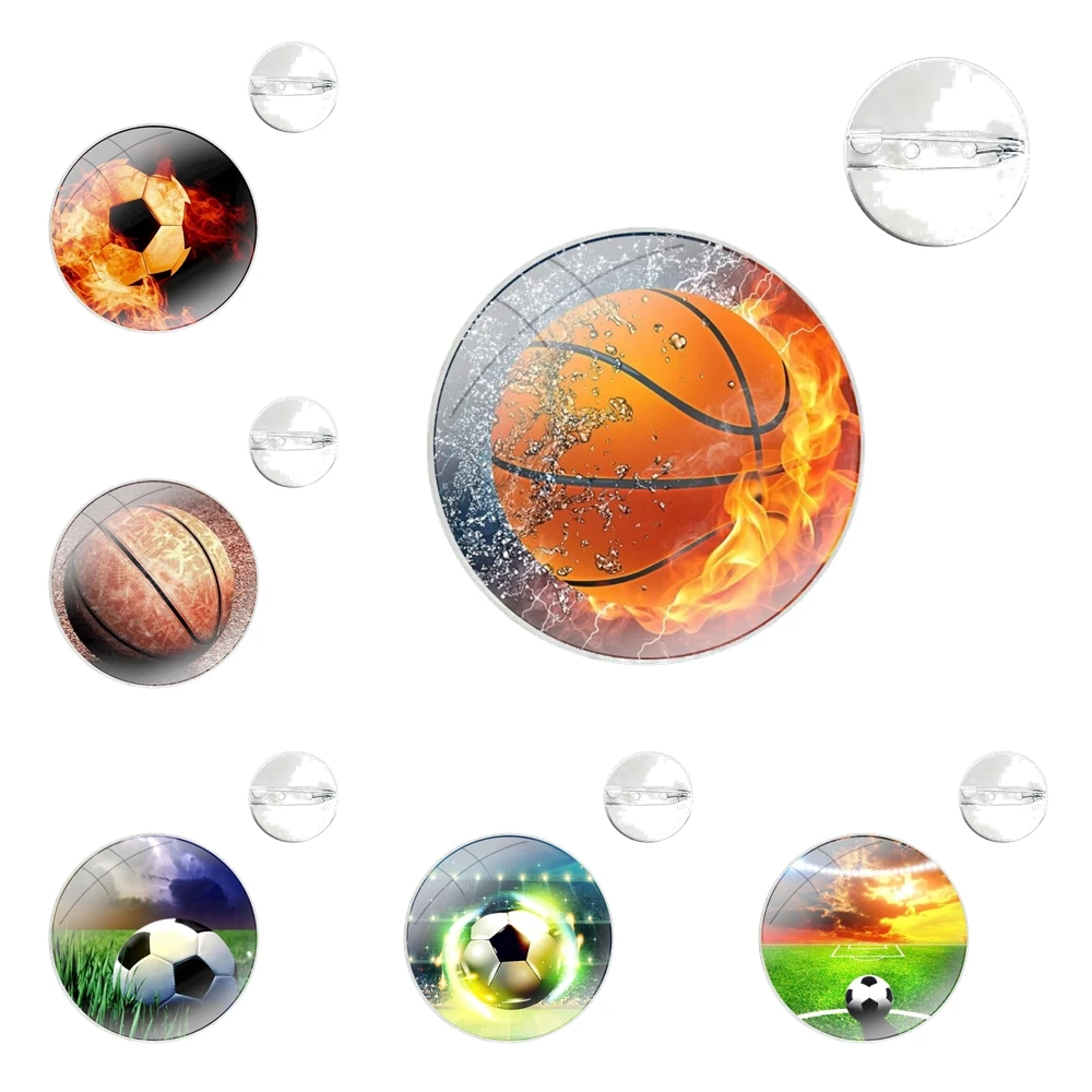 soccer ball basketball volleyball Glass Dome Brooches Shirt Lapel Bag Cute Badge Pins For Clothes Hat Accessories