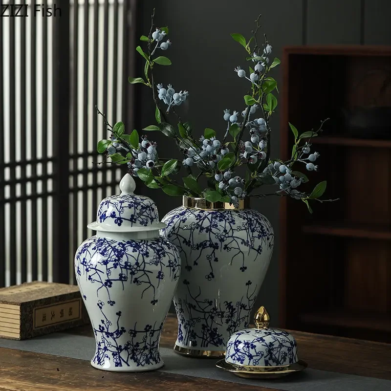 Plum Flower Painted General Jar Tea Canister Candy Pots Blue and White Porcelain Ginger Jar Desk Decoration Flower Arrangement