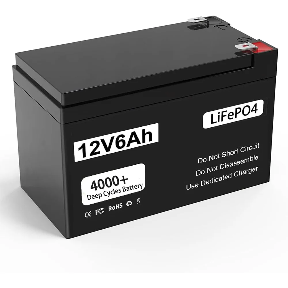 12V 6Ah 100Ah LiFePO4 Lithium Battery Built-in 6A BMS 4000+ Deep Cycles for Kids Scooter Fish Finder LED Light Security Camera