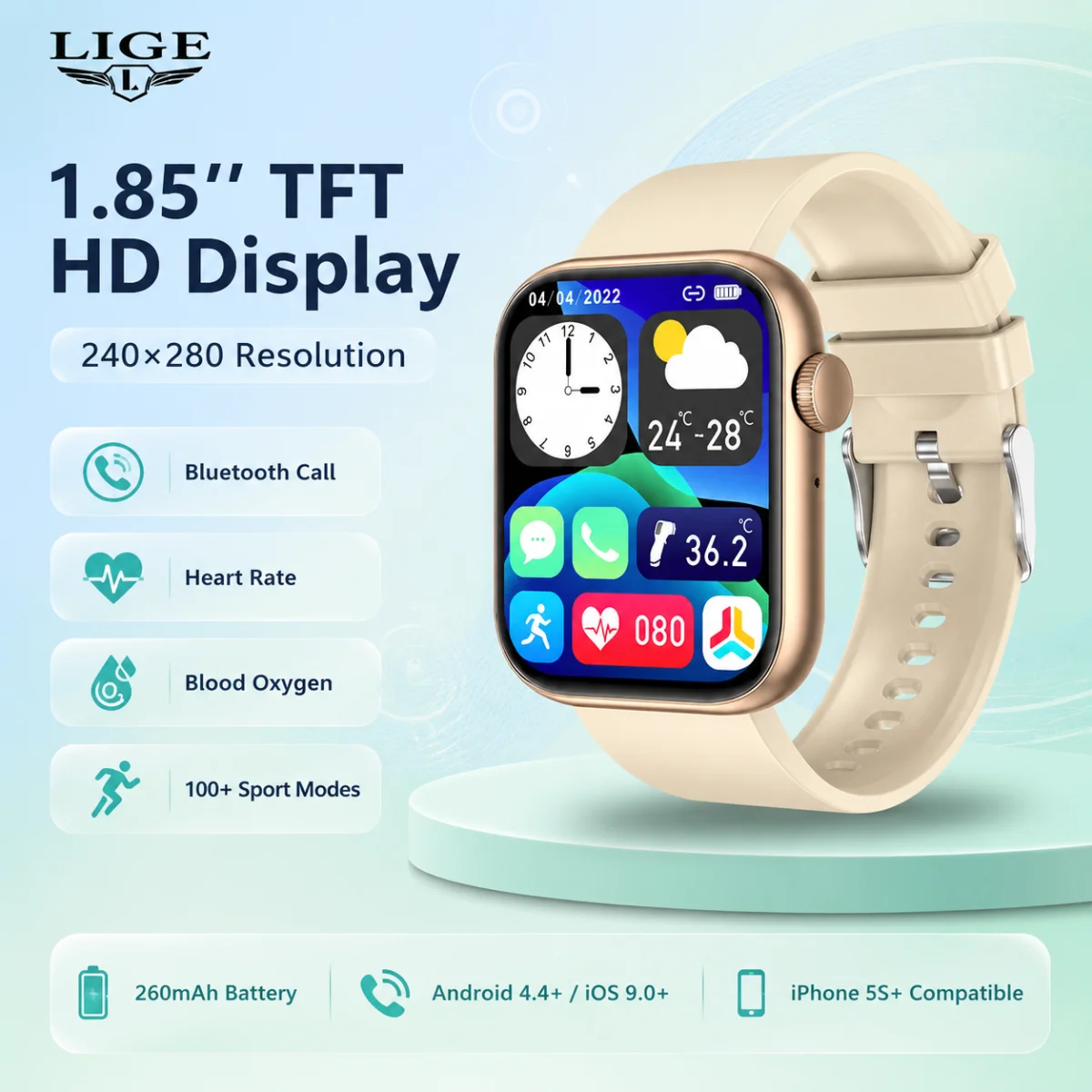 LIGE Hot Selling Smart Watch Full Touch Screen Bluetooth Waterproof Temperature Test Sport Fitness Tracker Smartwatch For Ladies
