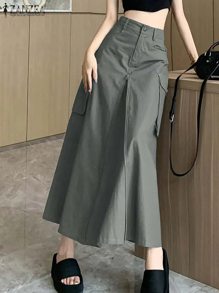 

ZANZEA Women Elegant Long Skirt Korean Cargo Fashion High Waist Jupes Casual A-line Maxi Skirts 2024 Spring Chic Hip Wrap Faldas