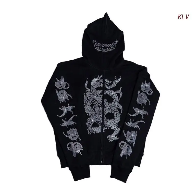 

Women Men Punk Zipper Up Oversized Hoodies Sweatshirt Rhinestones Dragons Printed Harajuku Long Sleeve Hooded Jackets