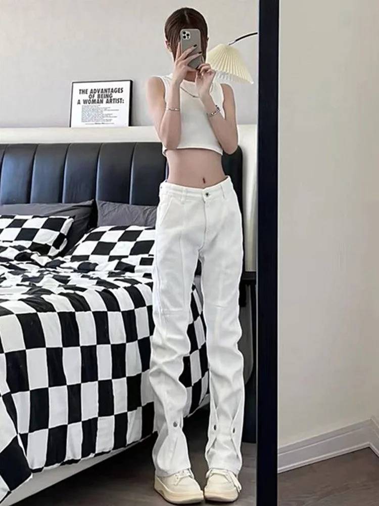 

Джинсы женские с высокой талией, прямые, белые, в стиле High Street, дизайнерские, с эффектом расклешенных штанин, для работы, в стиле хип-хоп, длинные брюки