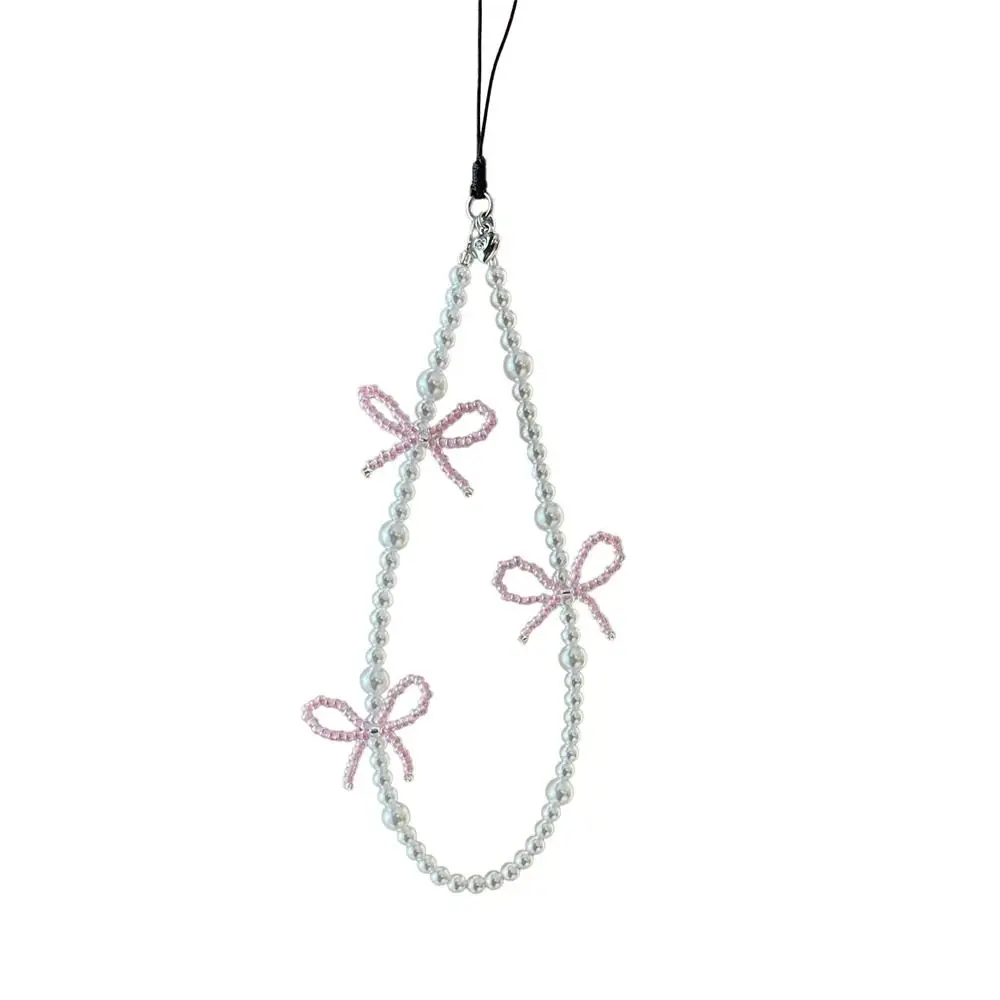 Korea Cute Pink Bowknot Pearl Pendant Beaded Phone HYun For iPhone Accessrioes Lanyard Woman Girl Jewelry Hanging Rope Strap