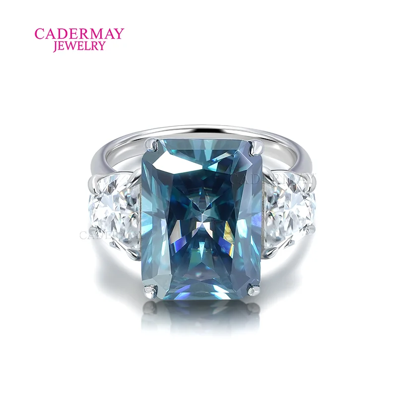

Cadermay Jewelry Luxury Blue Moissanite Ring S925 Silver 10ct Raidant Moissanite 3 Stones Wedding Engagement Ring Women Gift