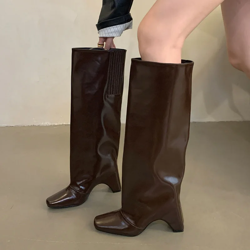 Eilyken seksowny styl Punk damskie buty do kolan projektant drążą kwadratowe wysokie obcasy buty zimowe bankietowe botki damskie
