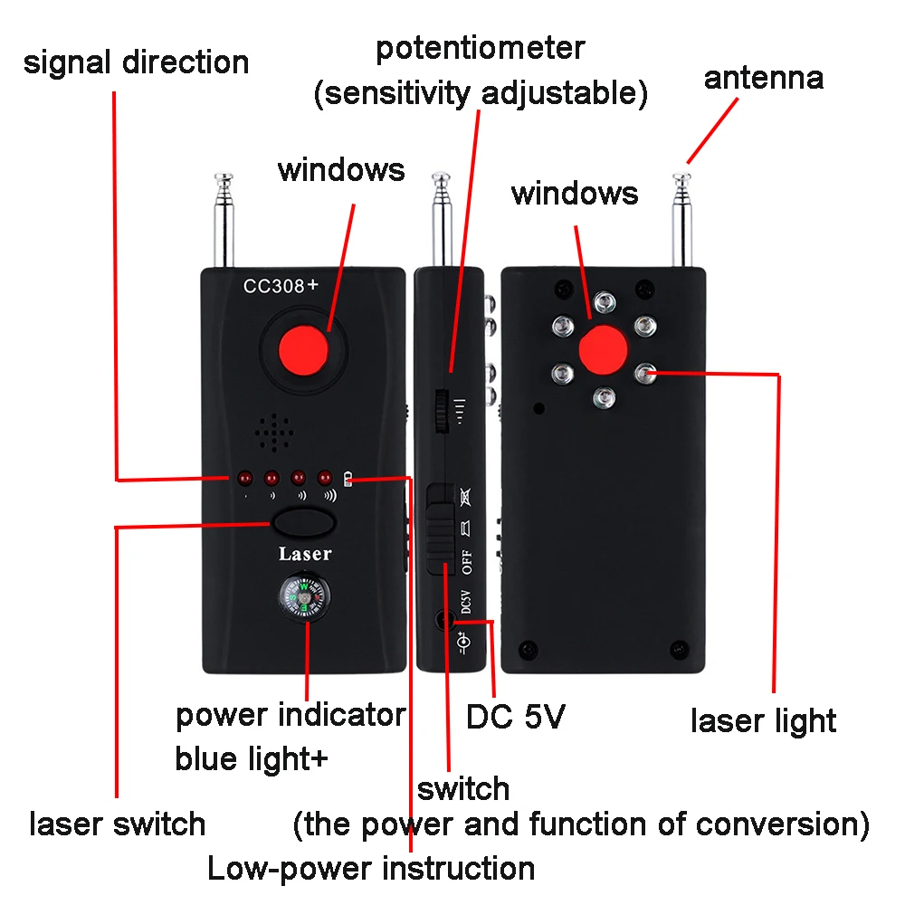 Multi-Function Wireless Camera Lens Signal Detector, DV Signal Detect, Full-range Anti Candid RF Device Finder, CC308 +, 1 Set