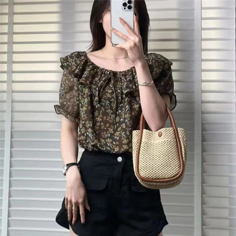 Casual Ruffles Patchwork Loose Shirt Vintage Broken Flowers Printed Women\'s Clothing O-Neck Summer New Stylish Drawstring Blouse