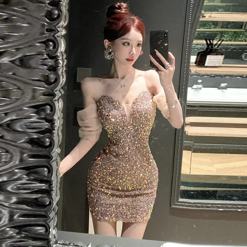 Kimotimo Sexy Strapless V Neck Sequins Party Dresses Women Korean Fashion Backless Slim Waist Wrap Hip Mini Dress Summer