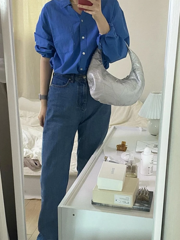 South korea Dongdaemun Eight Milk Thebarnnet Solid Embroidery Casual Loose Blue Shirts All-Match Lapel Top Women