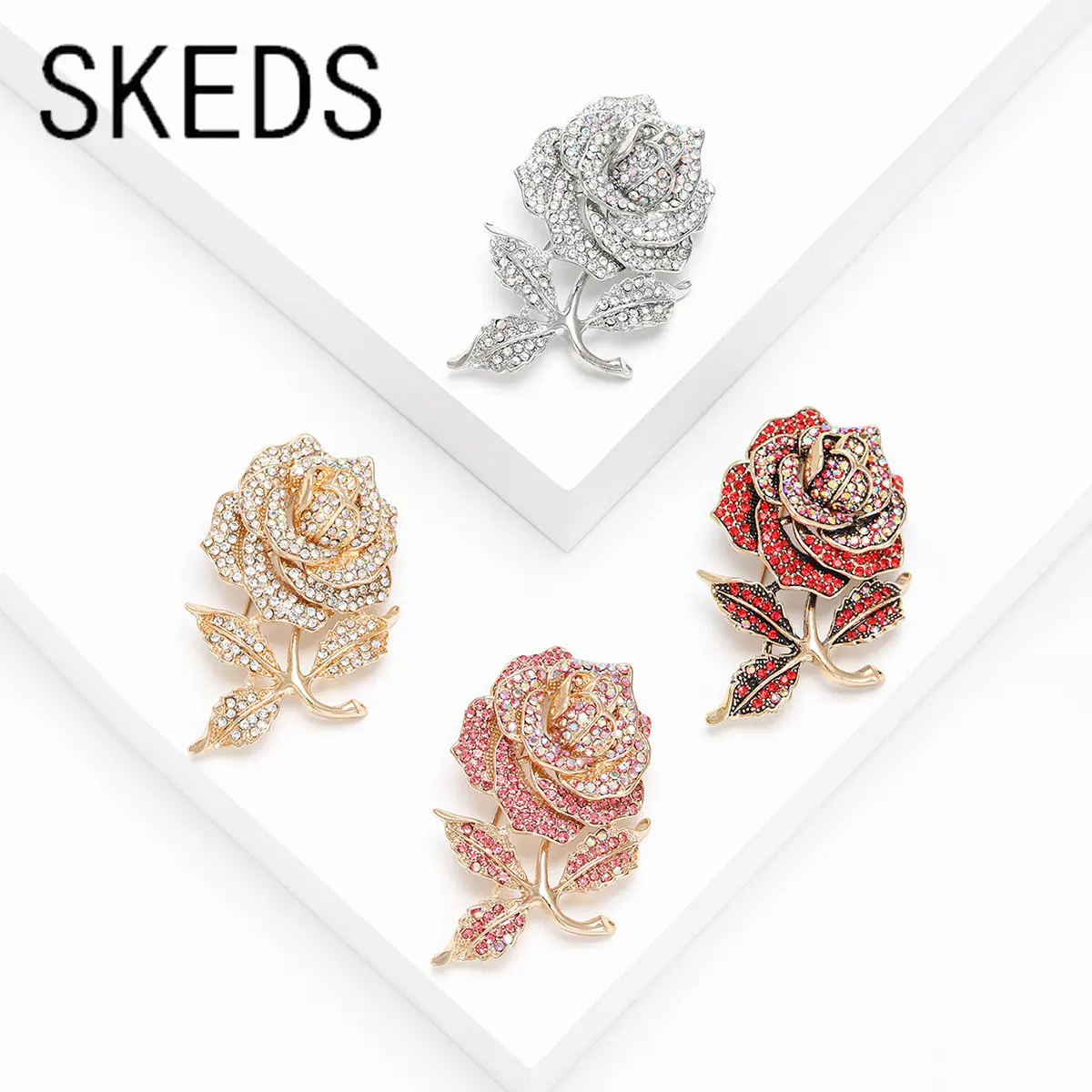 SKEDS Luxury Women Exqusite Rose Flower Shiny Boutique Rhinestone Brooches Pins Lady Gorgeous Crystal Plant Badges Buckle Gift