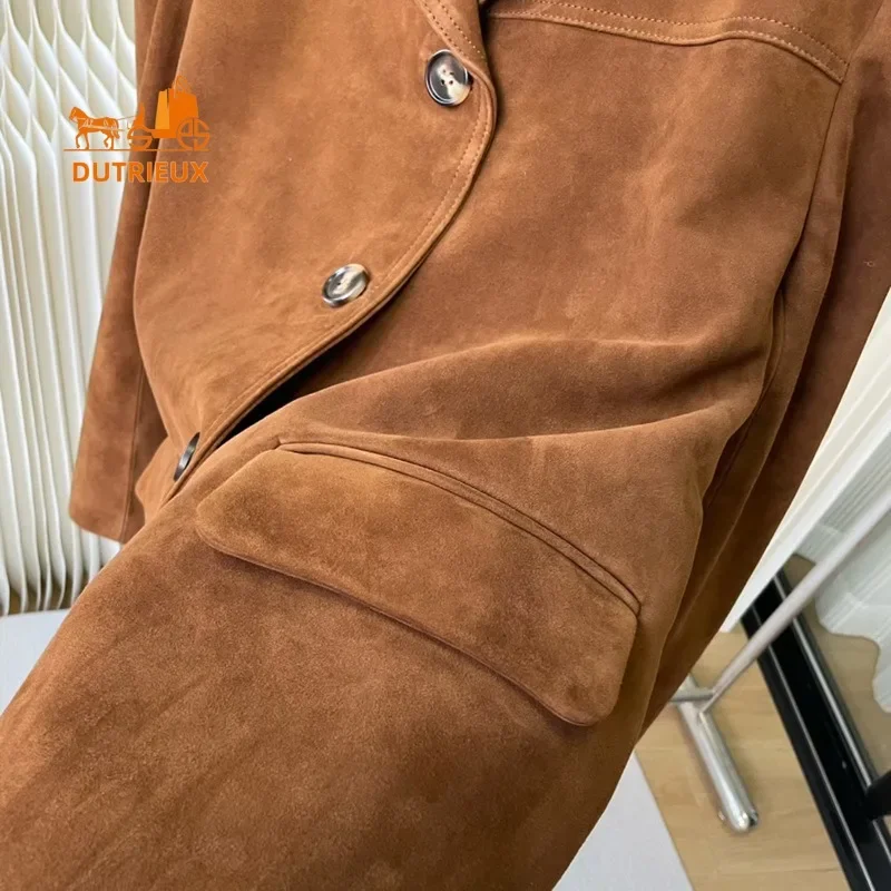 New Winter 100% Sheepskin Coat for Women, Suede Lambskin Lapel Retro Brown Suit Leather Loose Silhouette Casual Top Jacket Women