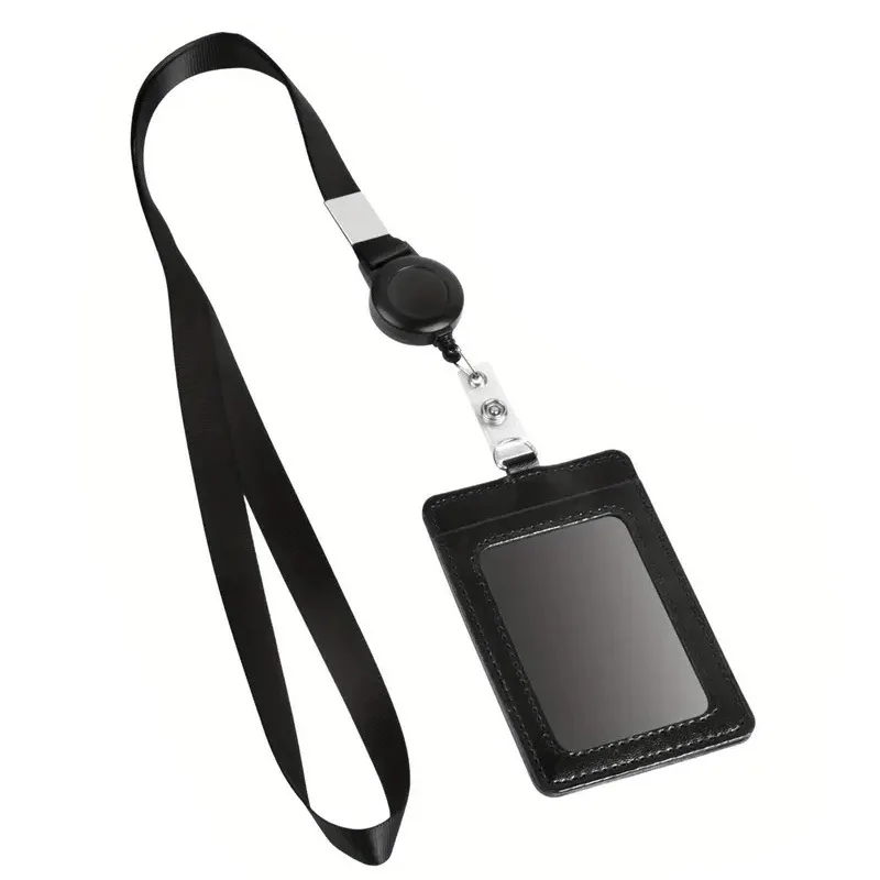 PU Leather Exhibition Name ID Holder Badge Cover for Staff Lanyard Keychain Badge Reel Pass Work Card Badge Holder Sleeve