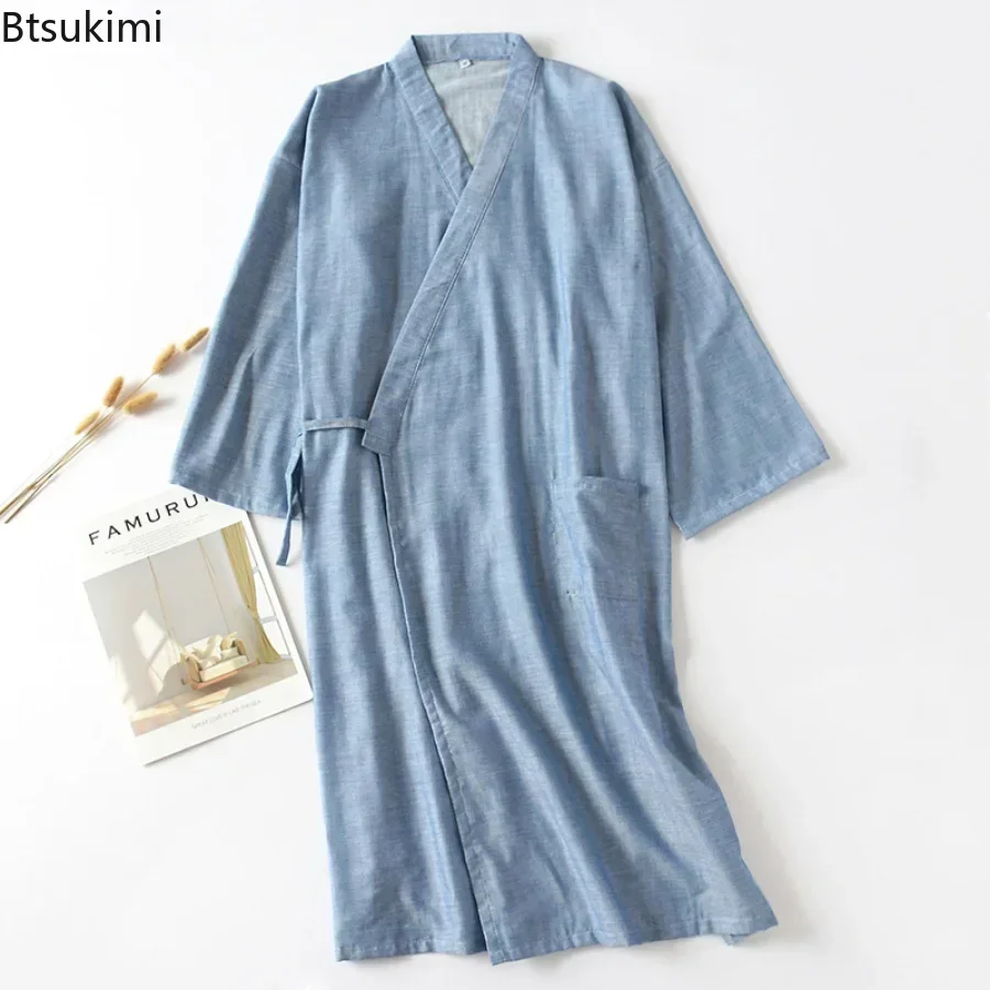 New 2024 Men's Casual Cotton Line Pajamas Solid Soft Sleepwear Male Bath Robe Japanese Kimono Cotton Nightgown Home Clothes Men