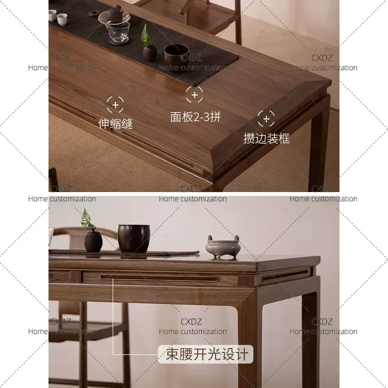 New Chinese Style Tea Table and Chair Set One Table Five Chairs Black Walnut Solid Wood Desk Integrated Dual Use Furniture